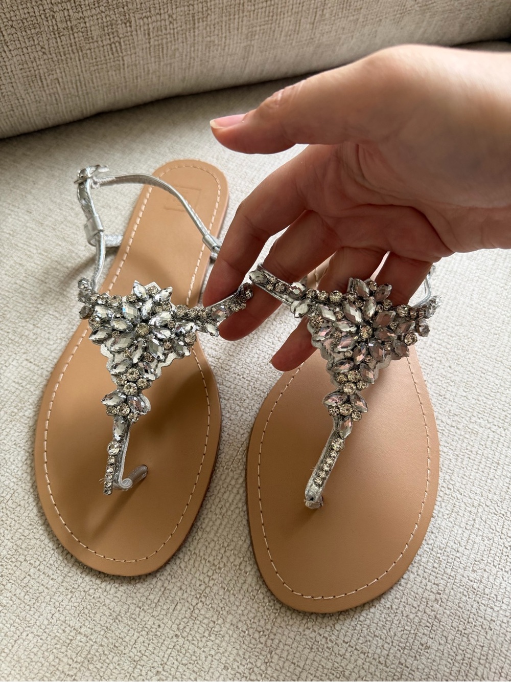 Women's Silver Jeweled T-Strap Sandals